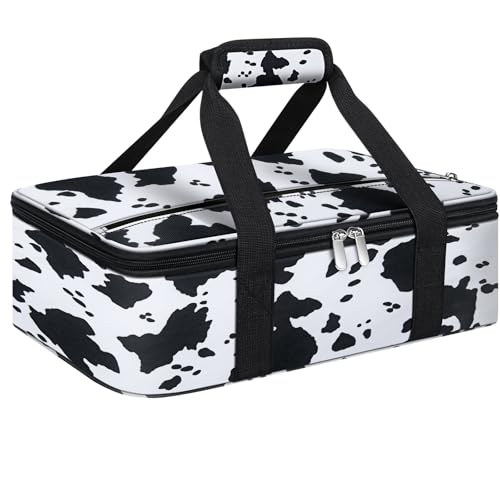 Insulated Casserole Carrier, Portable Casserole Carrier for Hot or Cold Food Lunch Tote Warmer or Cooler Bag, Lasagna Lunch Bag for Potluck Parties- Fits 9" x 13" Baking Dish-Cow Pattern - color: Cow Pattern, size: 16x10x4 in