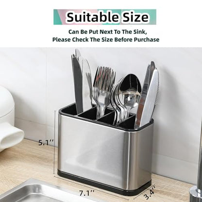 LIBODOUR Utensil Holder,Stainless Steel Caddy Counter,Spoon holder,4 Compartments Silverware Caddy,Capacity Flatware Spoon Fork Tool Cutlery Holder（Silvery） - color: silvery