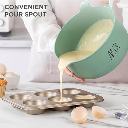 Rae Dunn Non-Slip Mixing Bowls - 4 Piece Nesting Plastic Mixing Bowl Set with Pour Spouts and Handles-Measurement Markings (Sage) - color: Sage