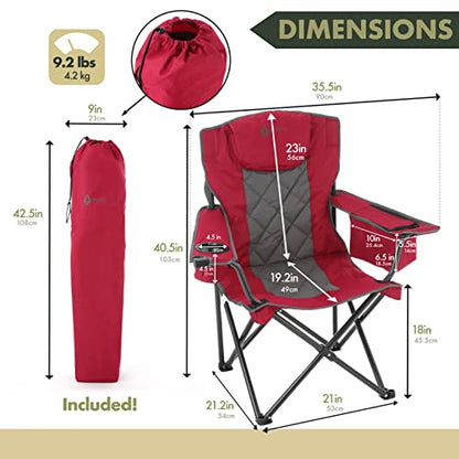 ARROWHEAD OUTDOOR Portable Deluxe Folding Camp Quad Chair w/Headrest, Glass & Cup Holders, Armest 6-can Cooler, Heavy Duty Carry Bag, 550 lbs Weight Capacity - color: Burgundy Red