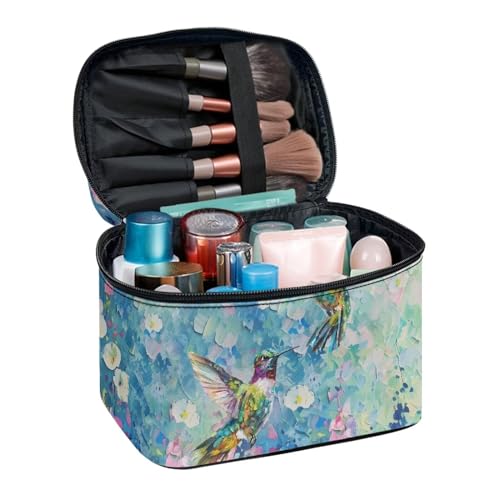 CMakeup Bags for Women Hummingbird Flower Printed Travel Cosmetic Organizer Large Capacity Toiletries Accessories Brush Holder Zipper Case with Top Handle - color: Hummingbird Flower