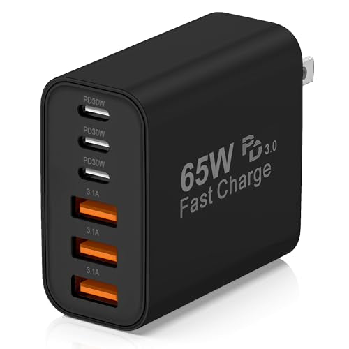 65W USB C Charger Block,6-Port Multi Device Fast Charger PD QC Wall Adapter | GaN technology saves space and reduces heat,ideal for home,office,travel,wide compatibility for iphone and USBC devices（Black - color: Black