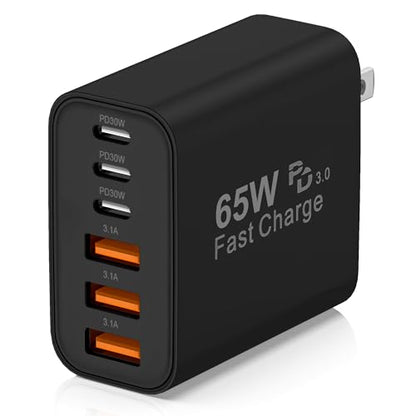 65W USB C Charger Block,6-Port Multi Device Fast Charger PD QC Wall Adapter | GaN technology saves space and reduces heat,ideal for home,office,travel,wide compatibility for iphone and USBC devices（Black - color: Black
