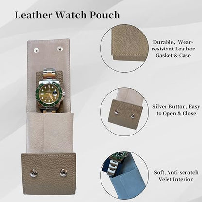 Leather Watch Case, Watch Travel Pouch, Single Watch Box for men and women, Luxury Watch Organizer, Watch Storage (Elephant Grey)