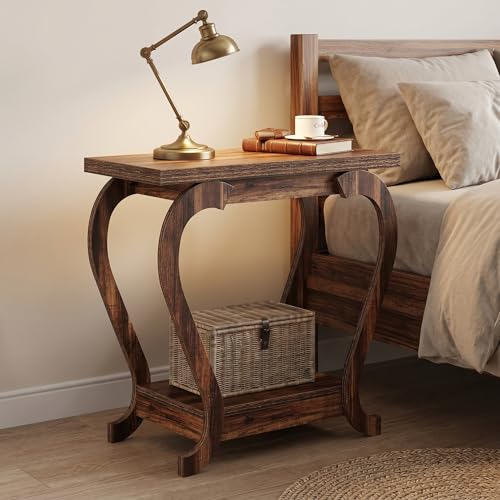 Tribesigns Narrow End Table with Storage, 2-Tier Wooden Side Table for Small Spaces, Slim Nightstand Bedside Table for Living Room & Bedroom, Rustic Brown, 23.6 Inch (1, Rustic Brown) - color: Rustic Brown