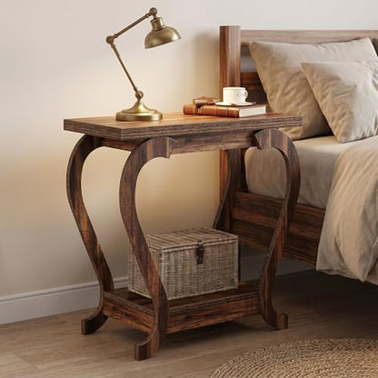 Tribesigns Narrow End Table with Storage, 2-Tier Wooden Side Table for Small Spaces, Slim Nightstand Bedside Table for Living Room & Bedroom, Rustic Brown, 23.6 Inch (1, Rustic Brown) - color: Rustic Brown