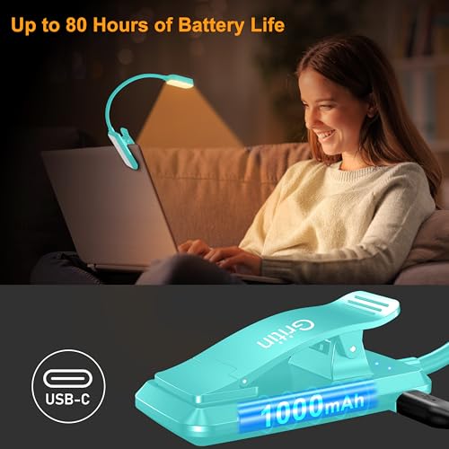 Gritin 16 LED Rechargeable Book Light for Reading in Bed- Eye Caring 3 Color Temperatures, Stepless Dimming Brightness, 80 Hrs Runtime, Lightweight Flexible Clip on Light for Book Lovers-Blue | Eye Caring 3 Color Temperatures, Stepless Dimming Brightness,