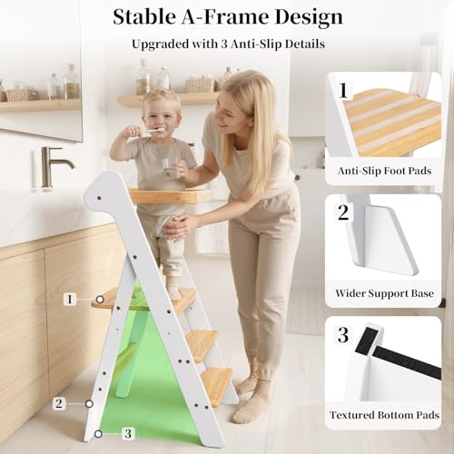 COSYLAND Foldi Foldable Toddler Kitchen Stool - Adjustable Height Toddler Standing Tower with Net & Safety Feet, IF Award-Winning Wooden Learning Step Tower for Kids 18M-6Y, White & Natural - color: White & Natural
