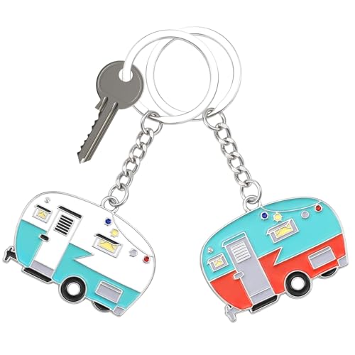 Thinp 2 Pieces Camper Keychain, RV Camper Keyring Accessories for Travel Trailers Enameled Metal Retro Camping Car Keychain - color: Green+red