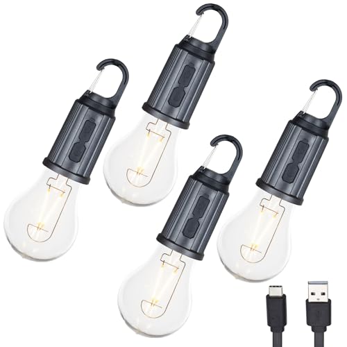 4 Pack Rechargeable Camping Lights, Hanging LED Tent Bulbs with Hook, 3 Lighting Modes Portable Lanterns for Camping, Hiking, Backpacking & Emergency Outages (Black) - color: Camp Light, Globe, size: 4-Pack