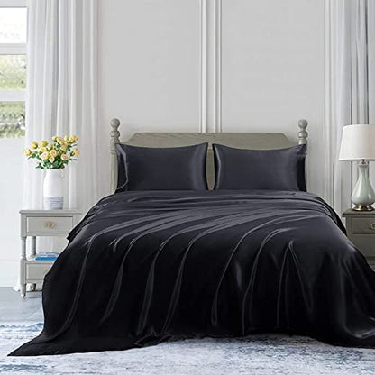 Homiest 3pcs Satin Sheets Set Luxury Silky Satin Bedding Set with Deep Pocket, 1 Fitted Sheet + 1 Flat Sheet + 1 Pillowcase (Twin XL Size, Black) - color: Black, size: Deep pocket - Twin XL size