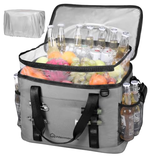 WARMOUNTS Insulated Cooler Bag 48/75 Cans, Soft Sided Portable Lunch Bag Coolers w/Zippered Top, Leak Proof PVC Interlayer, 5-Layer Insulation Large Ice Chest Bag for Travel, Camping, Beach, Picnic - color: Gray