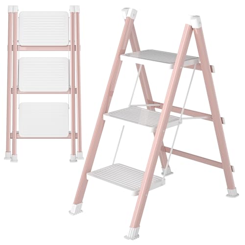 DIAMONDFORGE 3 Step Ladder, Folding Step Stool with Anti-Slip Wide Pedal, Anti-Slip Feet, Sturdiest Steel Construction, 330lbs Capacity Steel Ladder for Home and Office, Pink White - color: Pink&white, size: 3 Step