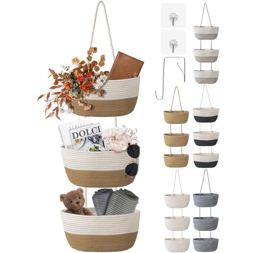 3 Tier Wall Mounted Woven Hanging Basket, Over the Door Hanging Basket with Hooks, Decorative Storage Hanging Closet Removable, Large Wall Basket for Living Room, Bedroom (White & Brown) - color: White & Brown