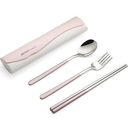DEVICO Portable Travel Utensils with Case, Reusable Camping Silverware for Lunch, 18/8 Stainless Steel Cutlery Set (Pink) - color: Pink