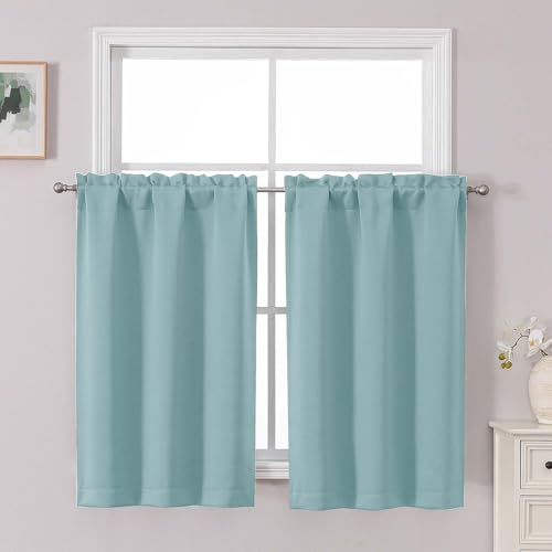 Chyhomenyc Short Aqua Curtains 45 Inch Length, Small Kitchen Curtain Rod Pocket Half Window Curtains for Basement Cabinet Camper RV Bunk, 2 PCS, Each 30Wx45L, Aqua - color: Aqua, size: 30"W x 45"L (Pack of 2)