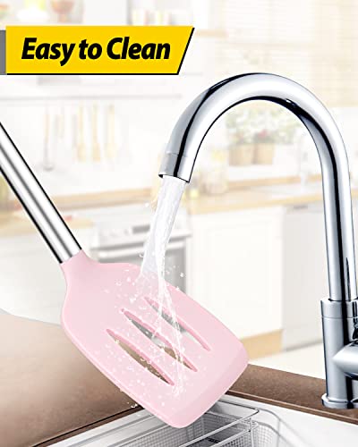 Pack of 2 Silicone Solid Turner, Non Stick Slotted Kitchen Spatulas, High Heat Resistant BPA Free Cooking Utensils, Ideal Cookware for Fish, Eggs, Pancakes(Pink) - color: Pink