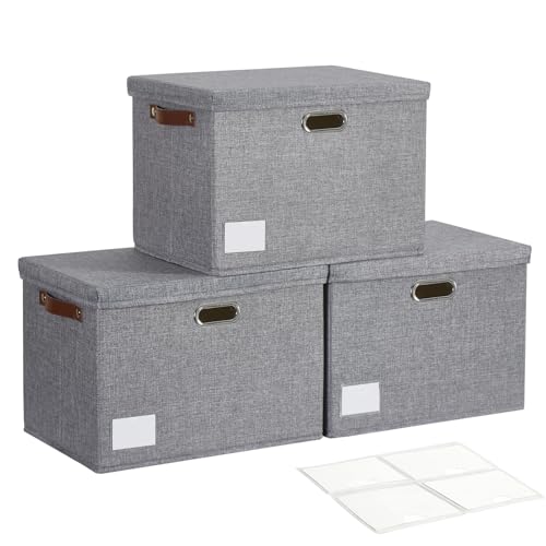 17" Large Collapsible Storage Bins with Lids, Stackable Closet Organizers with PU Handle and Labels, 3-Pack Decorative Fabric Storage Boxes for Home, Bedroom, Closet, Office, Nursery(Gray) - color: Gray, size: Large-17"