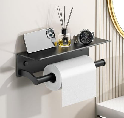 Black Paper Towel Holder Wall Mount with Shelf for Bathroom, Matte Black Adhesive Hand Towel Holder for Bathroom Kitchen RV - color: Black General
