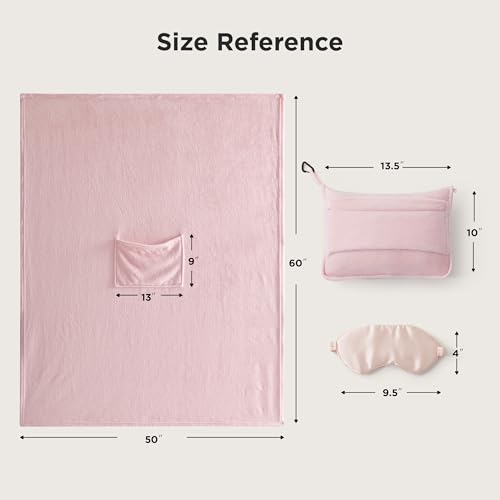 Bedsure Travel Blanket Airplane Compact with Storage Bag, Packable Blanket with Eye Mask, Lightweight 2-in-1 Travel Essentials, Functioned as Pillow for Airplane Comfort and Warmth, Pink - color: Pink