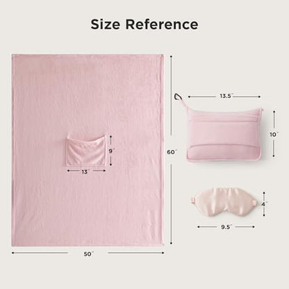 Bedsure Travel Blanket Airplane Compact with Storage Bag, Packable Blanket with Eye Mask, Lightweight 2-in-1 Travel Essentials, Functioned as Pillow for Airplane Comfort and Warmth, Pink - color: Pink