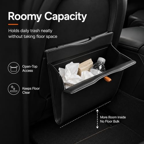 COZILO Leather Car Trash Can, Leak-Proof Odor-Lock Car Garbage Can with 60 Liners, Magnetic Closure, Liner-Hold Design, Storage Pocket & Metal Hooks, Hanging Car Trash Bin for SUV Sedan Truck - color: Carbon Black