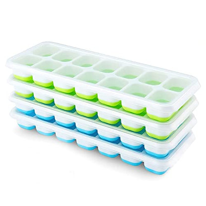 Ice Cube Trays 4 Pack, Airabc Silicone with Removable Lid, Easy-Release Flexible 14-cube Trays, LFGB Certified and BPA Free, Stackable Covers for Cocktail, Freezer - color: Blue+green