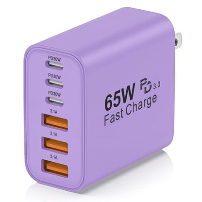 65W USB C Charger Block,6-Port Multi Device Fast Charger PD QC Wall Adapter | GaN technology saves space and reduces heat,ideal for home,office,travel,wide compatibility for iphone & USBC devices（Purple - color: Purple
