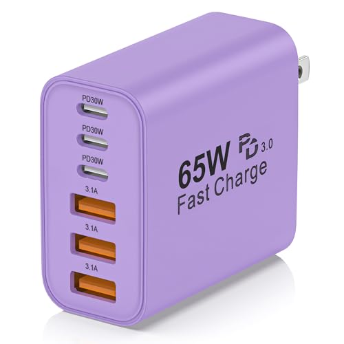 65W USB C Charger Block,6-Port Multi Device Fast Charger PD QC Wall Adapter | GaN technology saves space and reduces heat,ideal for home,office,travel,wide compatibility for iphone & USBC devices（Purple - color: Purple