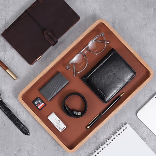 ProCase Wooden Valet Tray for Men, Wood Catch-All EDC Organizer, Fathers Day Gift, Nightstand Entryway Bedside Dump Holder for Wallets, Keys, Watches, Phones, Loose Change, Trinkets -LightBrown - color: Light Brown