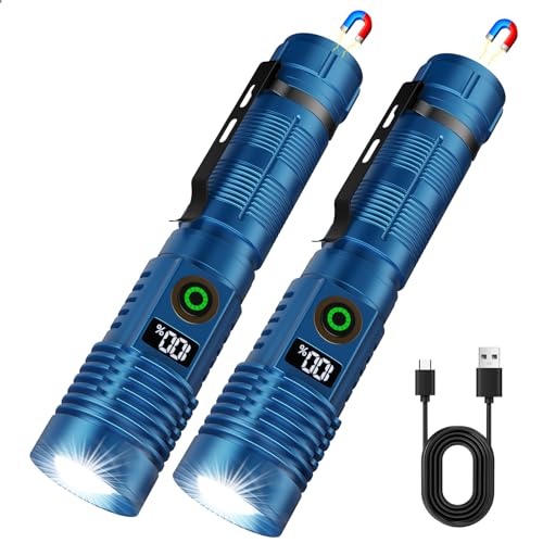 Hoxida Rechargeable Flashlights 2 Pack, 6 Modes Zoomable Powerful Tactical Linternas with LCD Digital Display, Super Bright High Lumens Handheld Magnetic Flashlights for Home Emergencies Camping - color: Blue