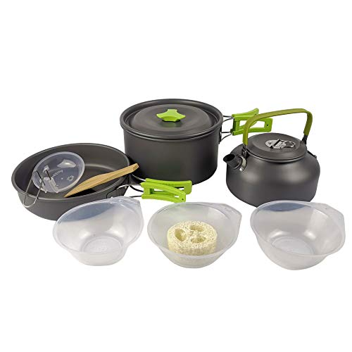 Camping Cookware Set Aluminum Nonstick Portable Outdoor Tableware Kettle Pot Cookset Cooking Pan Bowl for Hiking BBQ Picnic - color: Green