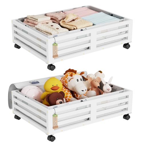 Under Bed Storage with Wheels-Large Bamboo Underbed storage Containers with Large Dust Bag Stackable Under the Bed Shoe Storage Bins for Clothes Books Bedding (2 Packs White, 23.62"L×16.54"W× 6.51"H) - color: 2 Packs White, size: 23.62"L×16.54"W× 6.5"H