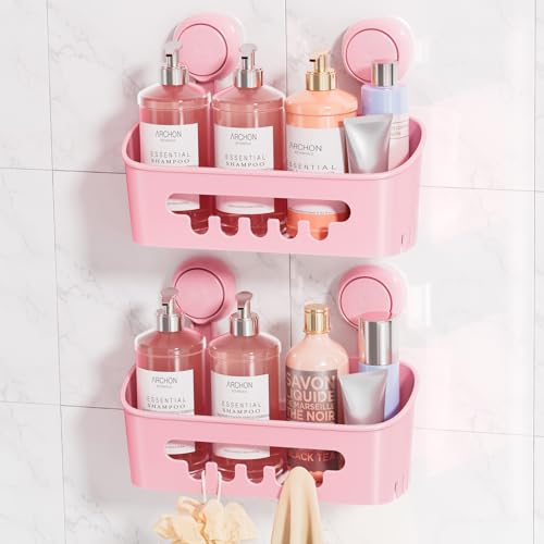 LEVERLOC Shower Caddy Suction Cup 2 Pack, Shower Organizer Removable Bathroom Shelf, Storage for Inside Shower Powerful Suction Max Hold 22lbs Waterproof Holder, Pink - color: pink, size: 2 x Medium