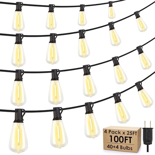 Larkvue 100FT(4x25FT) Outdoor String Lights, Patio Lights with 40+4 LED Dimmable Waterproof Linkable ST38 Edison Bulbs for Gazebo Camping Party, Black - color: Black, size: 100FT