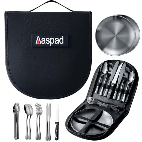 Full Size Stainless Steel Dishes & Utensils Sets Outdoor Camping Mess Kits Flatware Picnic Silverware Cutlery Kits Carrier Case Packed of 2 Forks,2 Spoons,1 Serrated Knife,1 Food Clip,2 Plates - color: Black