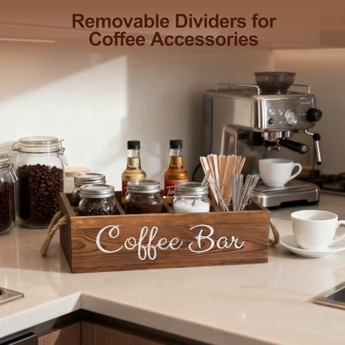 QUALLON Coffee Station Organizer with Small Removable Dividers, Wooden Coffee Bar Accessories Storage For Countertop, Farmhouse Kcup Coffee Pod Holder Basket With Handle For Coffee Lover