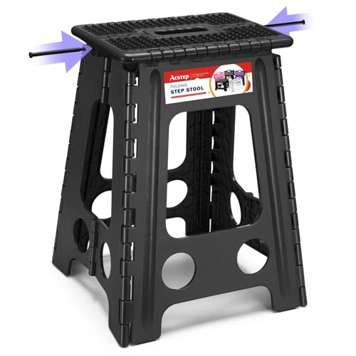 ACSTEP 17.5 Inch Folding Step Stool for Adults and Kids, Non-Slip Plastic Foldable Stepping Stool, Collapsible Folding Stool with Handle Holds Up to 400lbs for Kitchen, Dot Black (1 Pack) - color: Dot Black, size: 17.5 Inch( Pack of 1)
