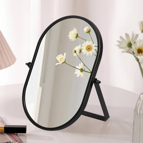 Metal Stand Adjustable Makeup Vanity Mirror Portable Black Desktop Mirror with 180° Rotation Desk Mirrors for Dressing Room,Bedroom, Bathroom,Tabletop - color: Black, size: 11"L x 7"W