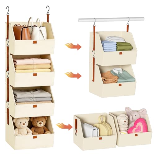 Hanging Closet Organizer 4 Tier, Clothes Hanging Shelves with Foldable Storage Baskets, Space-Saving Closet System for Bedroom, Home, Dorm, RV, Hat, Bags, Shoes