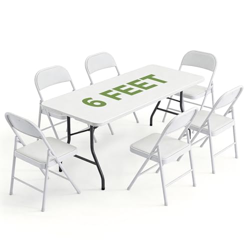 Folding Dining Table Set for 6, 6FT Foldable Plastic Table with Carrying Handle & 6 PU Leather Padded Folding Chairs, Portable Table and Chairs Set for Indoor Outdoor, Party, Wedding, Picnic, Camping - color: Off White, size: 6FT