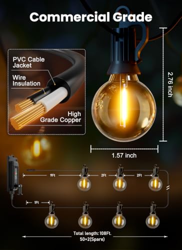 Brightown 108FT 52LED Solar String Lights Outdoor with Remote & USB Port, Shatterproof Bulbs, Dimmable & Timable, 3 Modes, Patio Lights Solar Powered with Mount Clips for Camping Backyard Garden Decor - size: 108FT