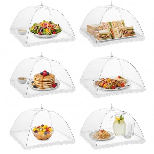 6 Pack Mesh Food Covers 17 Inch, White Pop-Up Food Tents, Collapsible Umbrella Screen Covers for Parties, BBQs, Picnics, Outdoor Camping Dining, Reusable Fly Cover - size: White