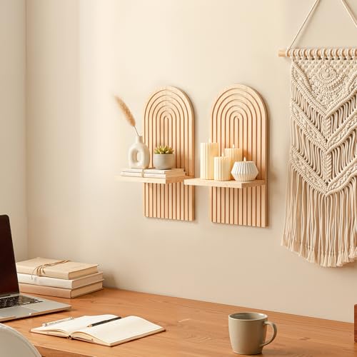 2pcs Boho Wall Candle Sconces Boho Wall Decor Rustic Farmhouse Wooden WallMount Candle Holders Wood Bohemian Decor Floating Shelves Arched Wooden Hanging Shelves for Bedroom Living Room Bathroom Home