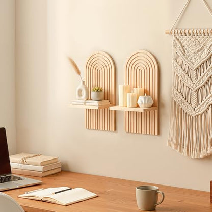 2pcs Boho Wall Candle Sconces Boho Wall Decor Rustic Farmhouse Wooden WallMount Candle Holders Wood Bohemian Decor Floating Shelves Arched Wooden Hanging Shelves for Bedroom Living Room Bathroom Home