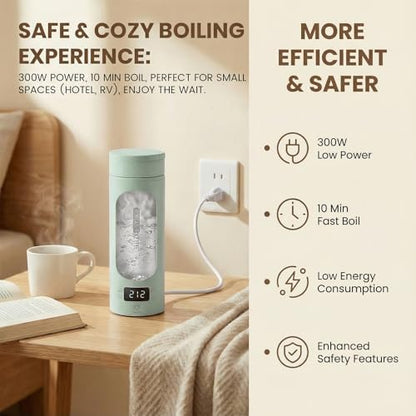 Portable Electric Kettle forTravel, Small Hot Water Kettle with NTC Temperature Control and Auto Shut-Off, 316 Stainless Steel, Green 120V & 15oz - color: green