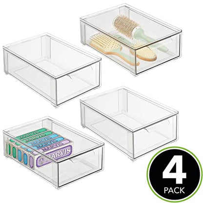 mDesign Plastic Stackable Bathroom Storage Organizer Bin with Pull Out Drawer for Cabinet, Vanity, Shelf, Cupboard, Cabinet, or Closet Organization - Lumiere Collection - 4 Pack - Clear - size: 8 x 12 x 4 (Pack of 4)