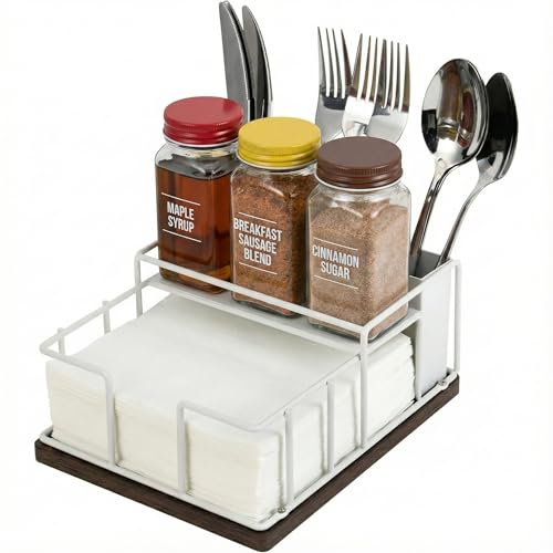 Napkin Holder for Table, Countertop Utensil & Silverware Caddy | 3-Section Organizer for Kitchen Counter, Dining Table, Picnic or Buffet. Keeps Cutlery, Spoons & Silverware Tidy, White - color: White