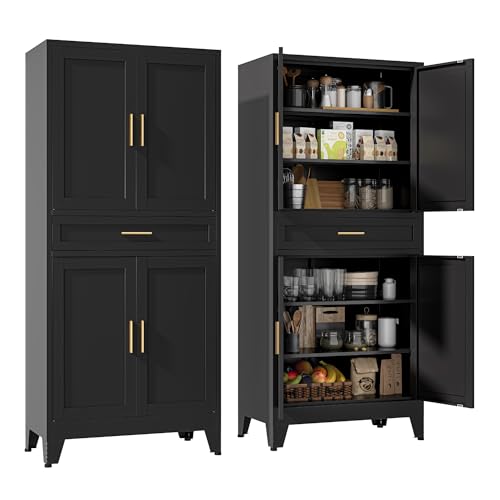 YAUWOH 71''Tall Kitchen Pantry Cabinet with Drawer,6-Tiers Metal Pantry Storage Cabinet with 4 Adjustable Shelves and 4 Barn Doors, Freestanding Farmhouse Food Cupboard for Dining Room (1PC,Black) - color: Black, size: 71"H-4 Doors 1 Drawer