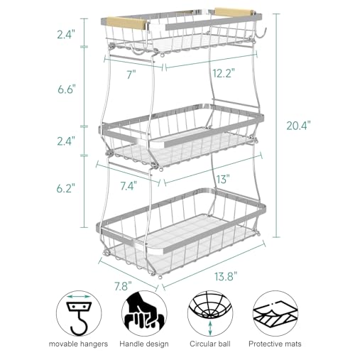 Sevenblue 2 Tier Large Fruit Basket for Kitchen Counter with 2 Mobile Banana Hangers, 2026 Pro Detachable Metal Fruit Bowl with Wooden Handle (Silver, 3 Tier) - color: Silver, size: 3 Tier Standard